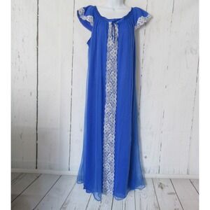 Vintage Erica Loren‎ Nightgown L Large Blue Lace Cap Sleeve Long Maxi